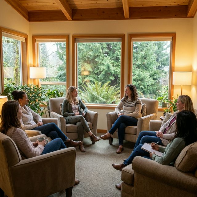 Group therapy session in Eugene Oregon — warm, supportive circle of adults